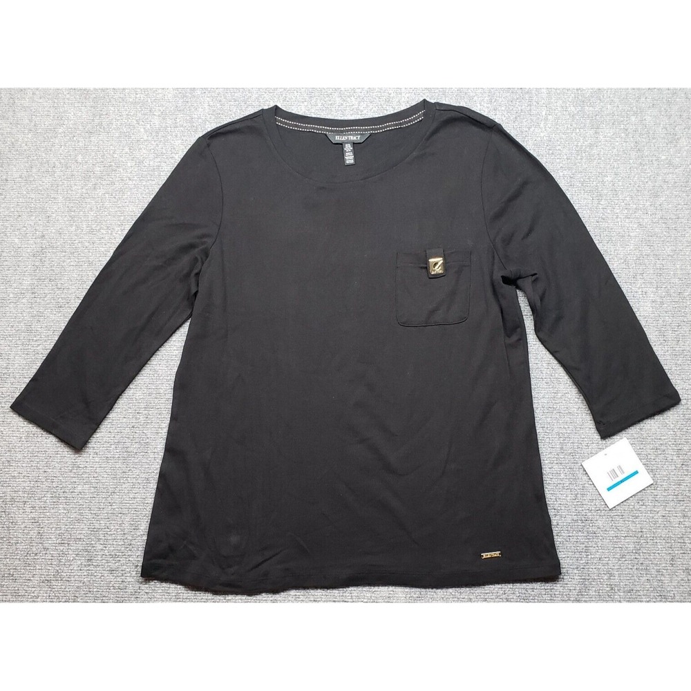 Ellen Tracy T Shirt Top Womens XL Black Cotton Pocket Round Neck 3/4 Sleeve New